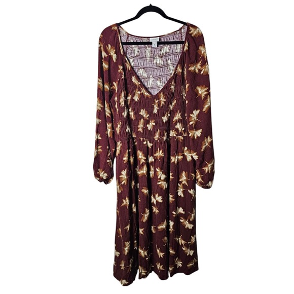 Ava & Viv 2X Brown‎ Floral Midi Dress Deep V-Neck Smocked Waist Peasant Cottage - Picture 1 of 9